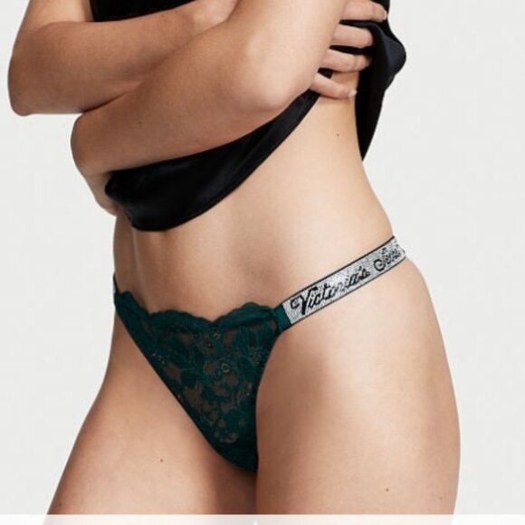VS VERY SEXY Shine Strap Thong Panty Shimmer Crystal Band Lace Mesh Bling Green - Picture 8 of 11